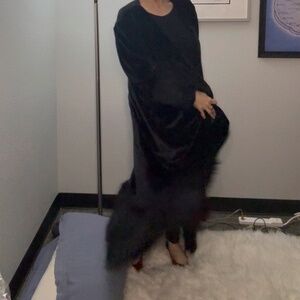 Jennafer Grace Black Velvet Faux Fur Cuff Maxi Coat L/XL MSRP $228 | NWOT